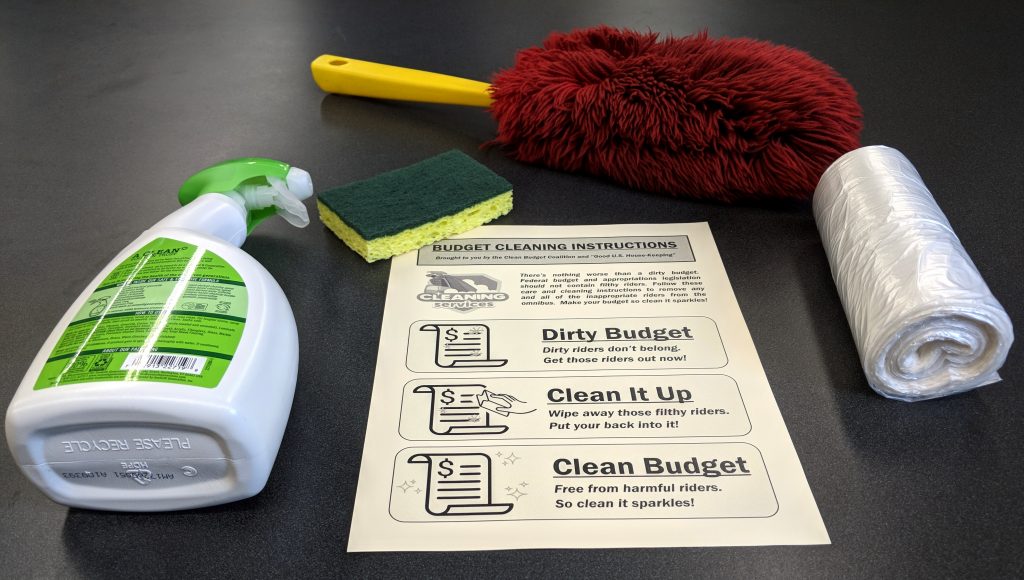 Today the Clean Budget Coalition delivered a set of cleaning instructions, green scrub sponges and a list of dirty riders attached to the spending bill to all 535 members of Congress.